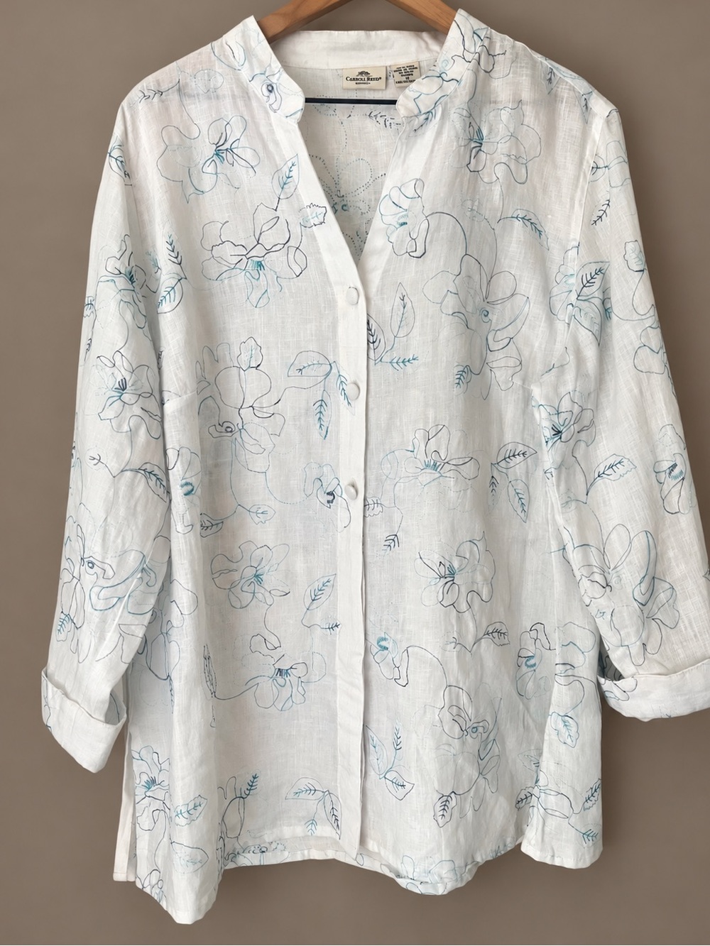Carole Reed 1X Linen Embroidered Floral Button Front Tunic Blouse